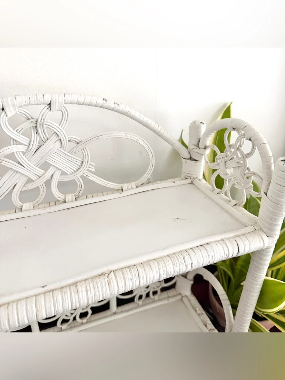 Vintage White Wicker Two Tier Display Shelf Boho Cottagecore Accent Eclectic